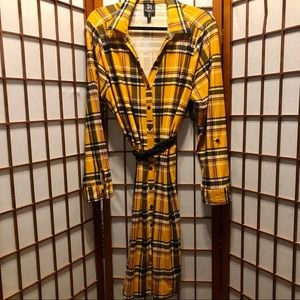 Derek Heart Plus Gold & Black Plaid Tab Sleeve Belted Shirtdress Size 2X